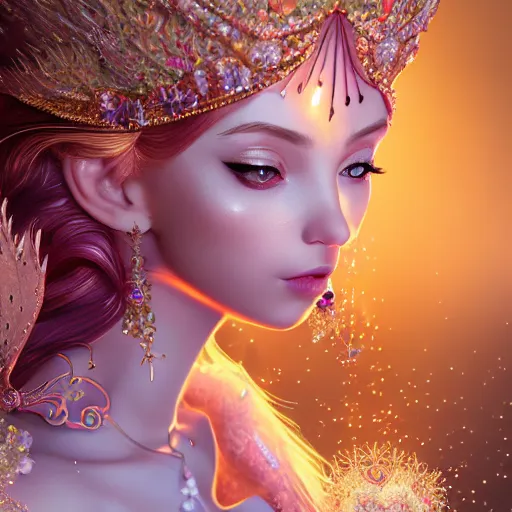 Image similar to portrait of fairy princess, glowing, ornate and intricate jewelry, jaw dropping beauty, glowing background lighting, white accent lighting, hyper detailed, fairy tale, 4 k octane render