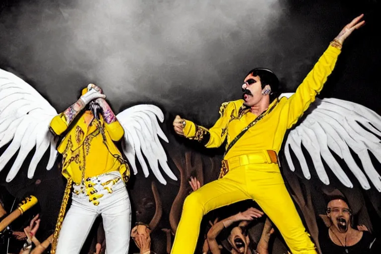 Prompt: freddie mercury queen singing at a death metal punk concert. mosh pit, elaborate clothing, violent rock concert yellow and white clothing, huge angel wings