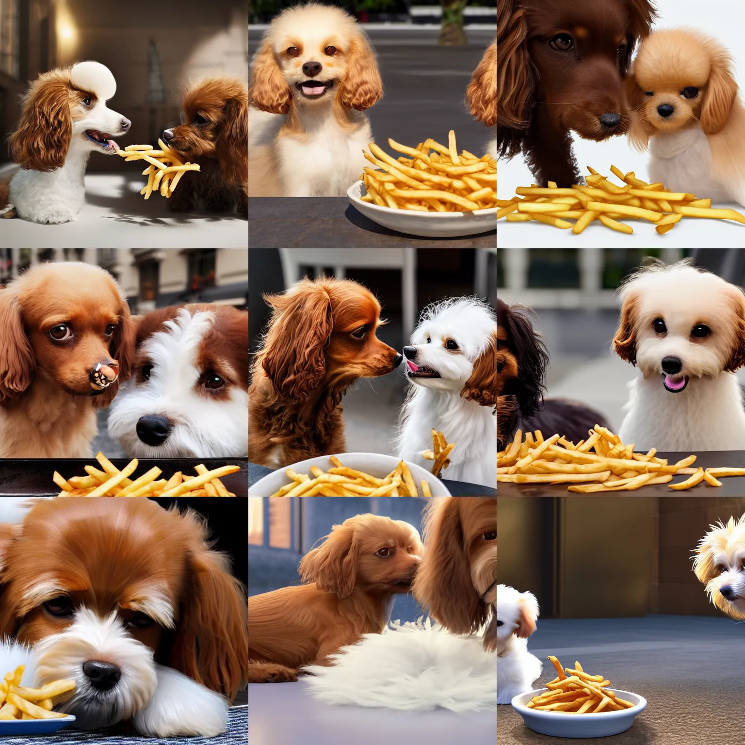 Prompt: a photorealistic closeup image of a cute brown colored long haired chihuahua cocker spaniel dog eating french fries with a happy white bichon frise dog in paris. brightly lit. extreme detail. 4 k hd unreal engine