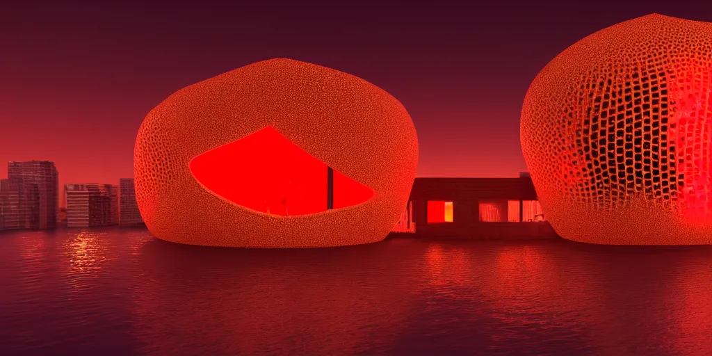 Prompt: An epic architectural rendering of a blob shaped trypophobia house with a mysterious red glow emitting from inside in a modern cityscape next to a river, stunning, gorgeous, golden ratio, photorealistic, featured on artstation, 4k resolution