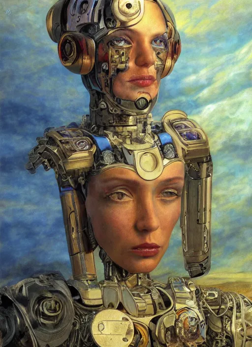 Image similar to biblical shy beautiful female mage android robot spells, heavy eyes to the side, closeup, bright glowing veins, in clouds, sunset, portrait, by gerald brom, by mikhail vrubel, by peter elson, muted colors, extreme detail, reflections, trending on artstation, 8 k