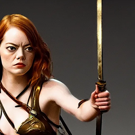 Image similar to full photo of emma stone as an amazon warrior with weapons