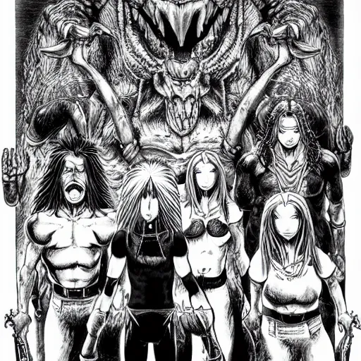 Image similar to Metalocalypse by Kentaro Miura, highly detailed, black and white