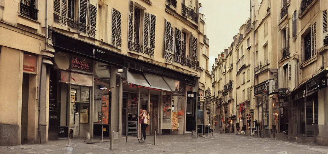 Prompt: a paris street made from 80s electronics and moog synthesisers, soft goloured glow, realistic, 35mm