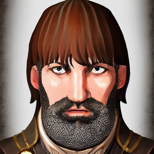 Image similar to 5 0 years old man, tall, stocky : : brown hair, sympathetic, stubble beard : : decorated medieval clothing : : high detail, digital art, rpg, concept art, illustration