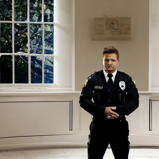 Image similar to jeremy renner as a security guard for the white house, photorealistic, cinematic lighting