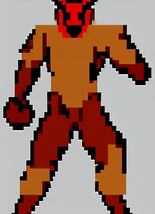 Prompt: full body shot. antropomorphic muscular masculine wolf. kickboxer, in red shorts. wolf head. furr on body. 8 bit nes graphics, pixelate