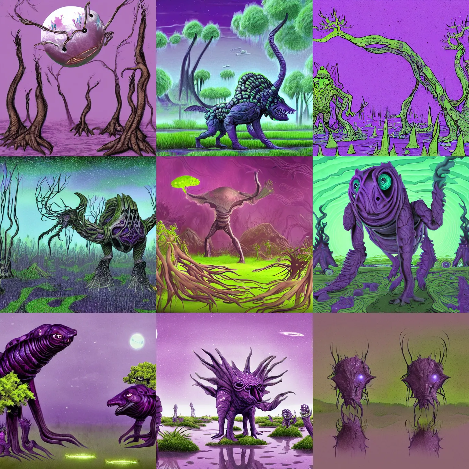 Prompt: extraterrestrial creature animal like adapted to swamps made of fertile purple mud and bulbous trees biomes, speculative evolution exobiology astrobiology, sci - fi illustration