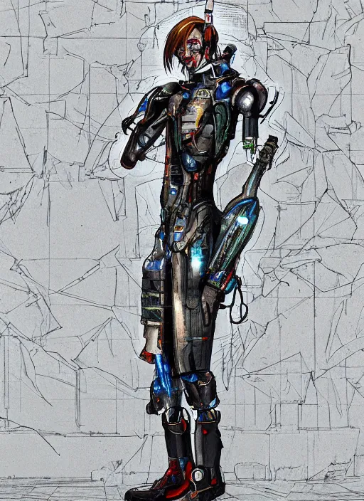 Image similar to Male cyborg, battle-damaged, wearing a school uniform, standing on neon-lit street corner”, full body shot, cyberpunk, Digital art, detailed, anime