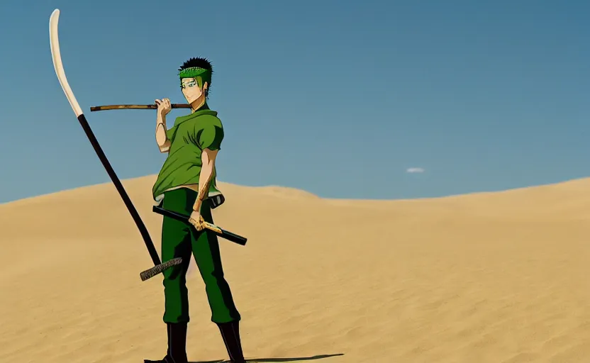 Image similar to roronoa zoro in sand dunes, photography