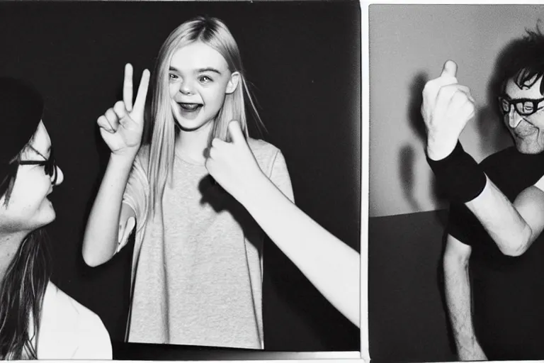 Image similar to photo of elle fanning pointing and laughing at some incel loser that makes repeated photos of her on stable diffusion because he's a sick loser. polaroid. terry richardson.