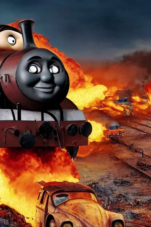 Image similar to Thomas the Tank Engine in the fiery Wasteland of MAD MAX: FURY ROAD