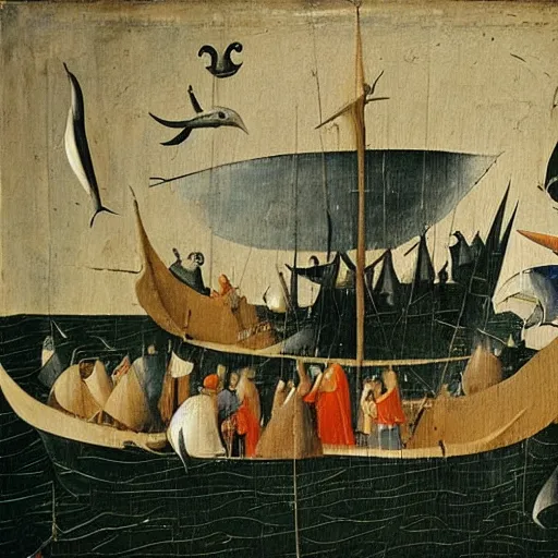 Prompt: oil painting by hieronymous bosch of a caravel sailing ship sailing with sails set. people with silly expressions on the ship. dolphins and whales play around the ship. - n 6