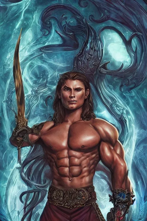 Image similar to muscular sam winchester as a mage tattooed in the cover of an acotar book, sarah j. maas, d & d!, fantasy style, sharp focus!, ultra detailed, art by artgerm and peter andrew jones, wlop