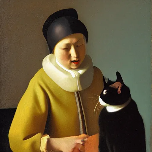 Image similar to portrait by vermeer of a black cat holding a pet human