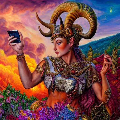 Image similar to painting by senior concept artist josephine wall, horned ram goddess checking her cell phone, erupting volcano and sunset in distance in background, flowers in foreground, trending on artstation, zodiac, fantasy, acrylic on canvas, intricately detailed, highly detailed, high resolution, hd, hdr, 8 k