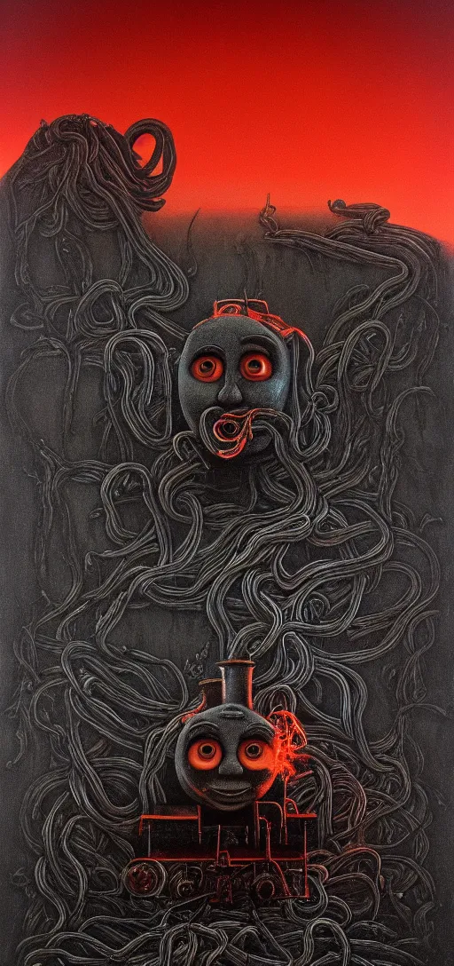 Image similar to thomas the tank engine in style of zdzisław beksinski, extremely dramatic lighting, 8 k, tendrils, black, darkness, black slime tendrils, infected, rust, body horror, thomas the train, thomas the tank engine face, horror,