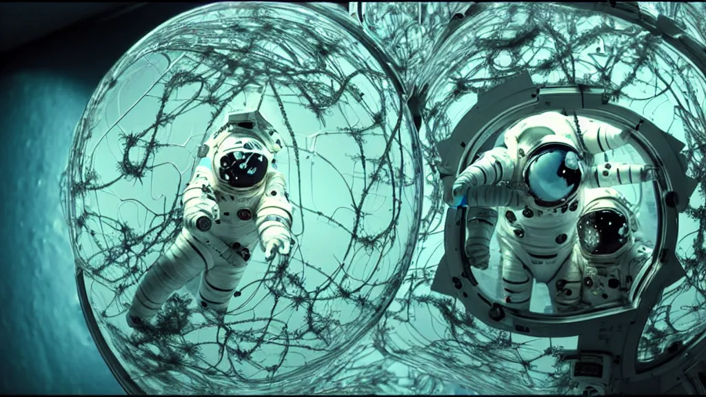 Image similar to a cybernetic symbiosis of a single astronaut eva suit swimming in infected with diamond 3d fractal lace iridescent bubble 3d skin covered with insectoid compound eye camera lenses floats through the living room, film still from the movie directed by Denis Villeneuve with art direction by Salvador Dalí, wide lens,