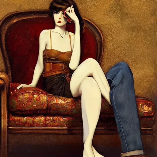 Image similar to lofi portrait on antique sofa, pixar style by Jonathan Yeo and Tom Bagshaw and Joe Fenton