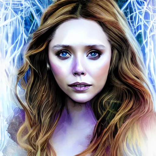 Image similar to Elizabeth Olsen as a nymph, mystical forest, digital art