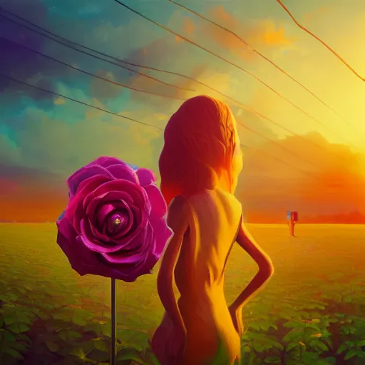 Prompt: closeup, giant rose flower head, frontal, girl with suit, surreal photography, sunrise, dramatic light, impressionist painting, digital painting, artstation, simon stalenhag