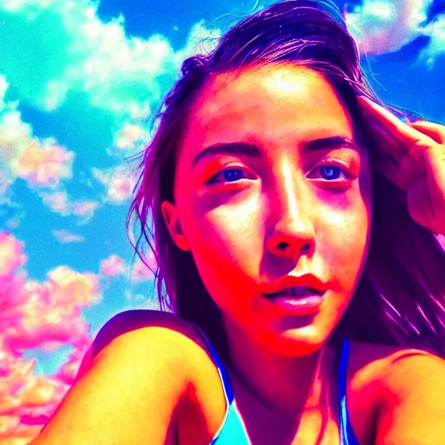 Prompt: a photo hot summer selfie one pretty girl instagram vibecheck face portrait bright colorful space love happy realistic cinematic lighting ultra detailed hyper realism photorealistic octane