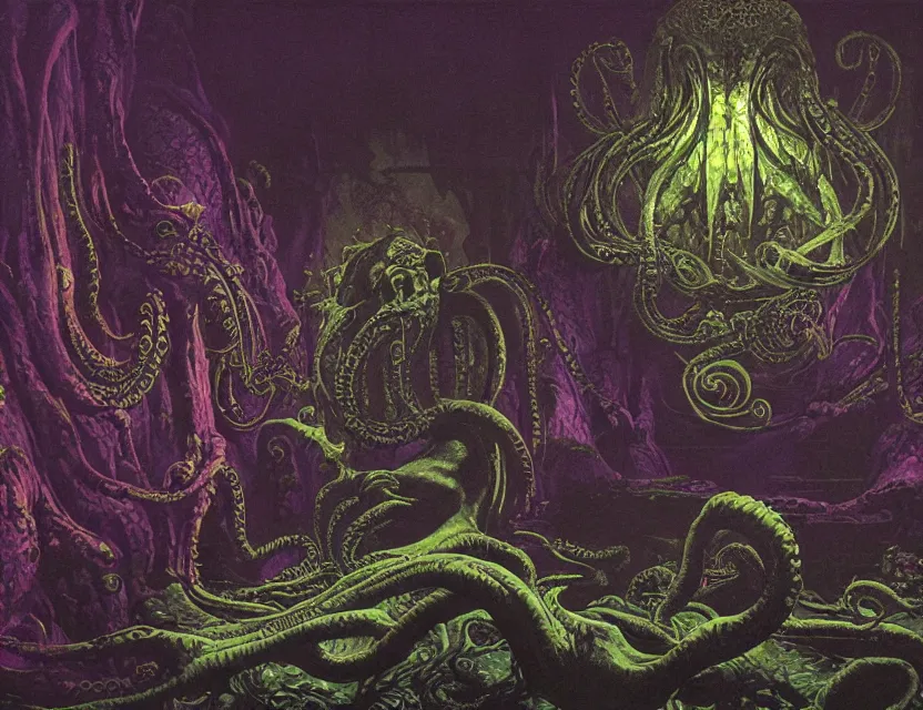 Prompt: a silhouette of a cthulhu in baroque neoclassicist halls overgrown with colorful otherworldly technology. close - up view, detailed textures. glowing purple fog, dark black background. highly detailed fantasy science fiction painting by moebius, norman rockwell, frank frazetta, and syd mead. rich colors, high contrast