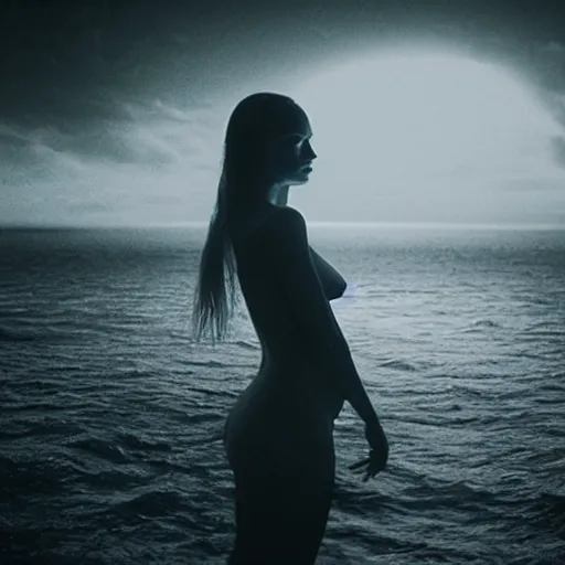 Prompt: film still of ominous ethereal female figure waiting in the depths of a dark ocean on a moonlit night, cinematography by Vadim Yusov