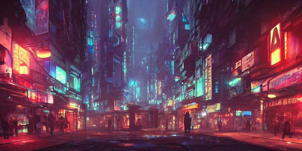 Prompt: Wide angle shot of a matte painting environment design of future city alley with neon lights and advertisements, artstation, ultra realistic, volumetric lighting, 8k, unreal engine, octane render, art by Artgerm and Greg Rutkowski and Alphonse Mucha and Yoji Shinkawa