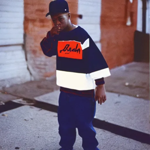 Prompt: Bobby Hill in 90s hip-hop streetwear, 90s polaroid, by Saul Leiter, Jamel Shabazz, Nan Goldin