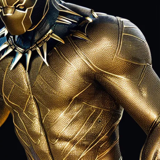 Image similar to a close up photo of a detailed golden statue of Black Panther, 8K,