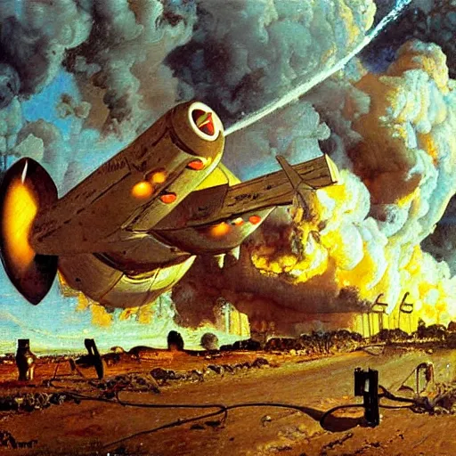 Prompt: a greek spaceship, stuck in the ground, the spaceship is on fire, smoke, rainstorm, lightning, angry, kinetic, adolphe bouguereaum, norman rockwell, highly detailed oil painting,