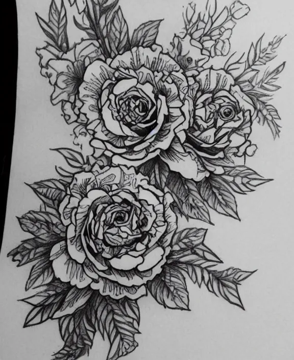 Prompt: amazing detailed tattoo line work stencil of carnations roses peonies and limonium flowers delicate and feminine