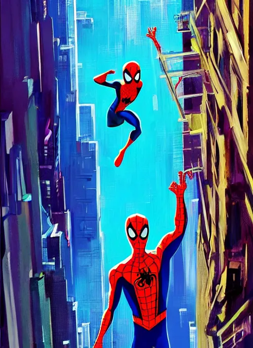 Image similar to spider - man into the spider - verse ( 2 0 1 8 ), anime key visual concept art of, spider woman standing on a balcony in new york city, golden rays, by alberto mielgo, 6 0's french movie poster, french impressionism, vivid colors, palette knife and brush strokes, fish eye lens, anaglyph