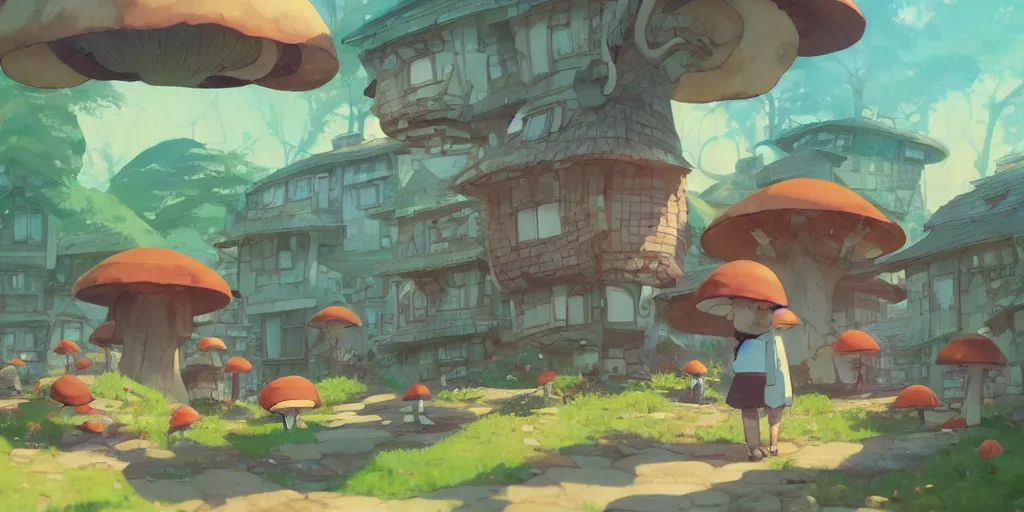 Prompt: mushroom houses in mushroom village by cory loftis & akihiko yoshida & james gilleard & atey ghailan & makoto shinkai & goro fujita & studio ghibli, rim light, exquisite lighting, clear focus, very coherent, plain background, soft painting, photorealistic, unreal engine 5, 4 k