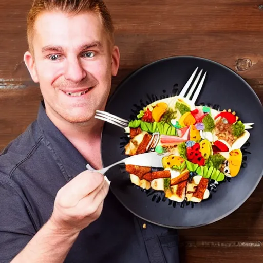 Prompt: a man holding a fork and knife in front of a plate, the plate is filled with muppets