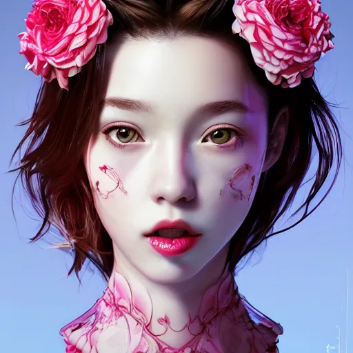 Prompt: the face of absurdly beautiful, graceful, elegant, sophisticated, sensual teen gravure idol made of raspberries cherries and white pink petals, an ultrafine hyperrealistic illustration by kim jung gi, irakli nadar, intricate linework, bright colors, octopath traveler, final fantasy, unreal engine highly rendered, global illumination, radiant light, intricate environment