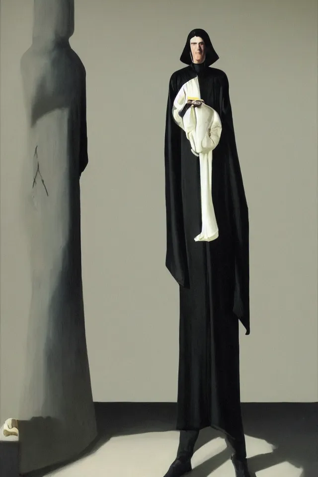 Image similar to painting of a beautiful tall thin man with pale skin, in black latex robes by bill sienckiwicz, high detail, high contrast, rim light, atmospheric