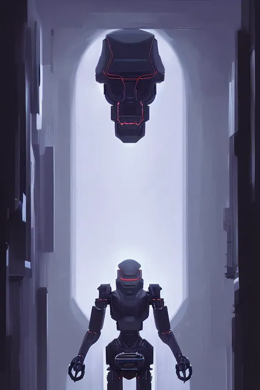 Image similar to professional concept art symmetrical portrait of a ominous floating!! robotic thing in a dark room by artgerm and greg rutkowski. an intricate, elegant, highly detailed digital painting, concept art, smooth, sharp focus, illustration, in the style of cam sykes.