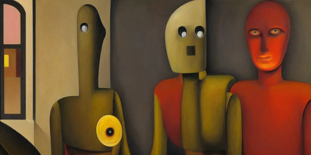 Image similar to super - intelligent robot with kind eyes portrait, grant wood, pj crook, edward hopper, oil on canvas