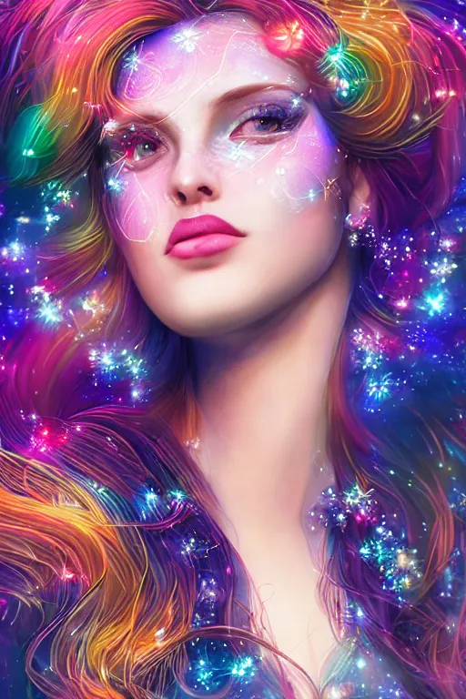 Image similar to one super realistic beautiful young womans face, magical, space stars and planets in her hair, windblown, intricate, synth-wave, retrowave, colorful, highly-detailed, elegant, dramatic lighting, gorgeous face, lifelike, photorealistic face, long luxurious intricate gown, digital painting, artstation, illustration, concept art, smooth, sharp focus, art by Jude Palencar, John Collier, artgerm, and Albert Aublet and Krenz Cushart and Artem Demura and Alphonse Mucha