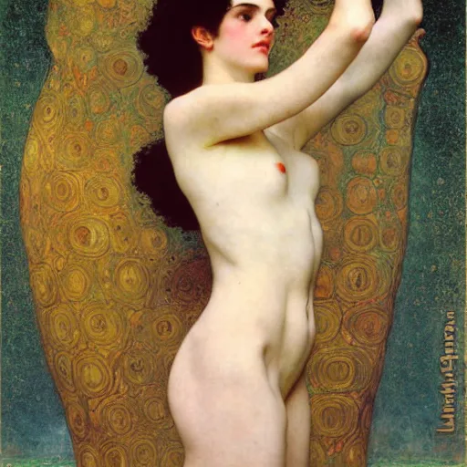 Image similar to goddess of transcendential consciousness, william - adolphe bouguereau, egon schiele, gustav klimt