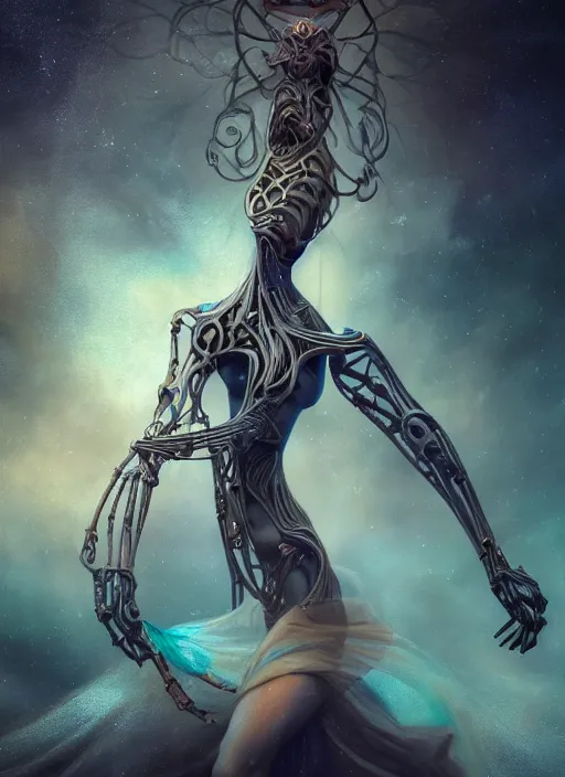 Prompt: epic portrait of menacing and agitated yet stunningly beautiful biomechanical djinn overseeing the iridescent fabric of the universe, by charlie bowater, mandy jurgens, gustav klimt, octane render, dramatic camera angle, 4k, 8k, high detail, HDR, by tom bagshaw, powerful, with inspiration from Beksinski, inspired by greek goddess Athena