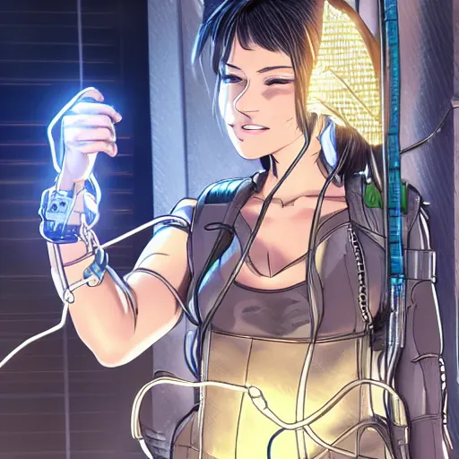 Image similar to Cyberpunk princess doing some wire fix on her gauntlet, anime concept art by Tomoyuki Yamasaki