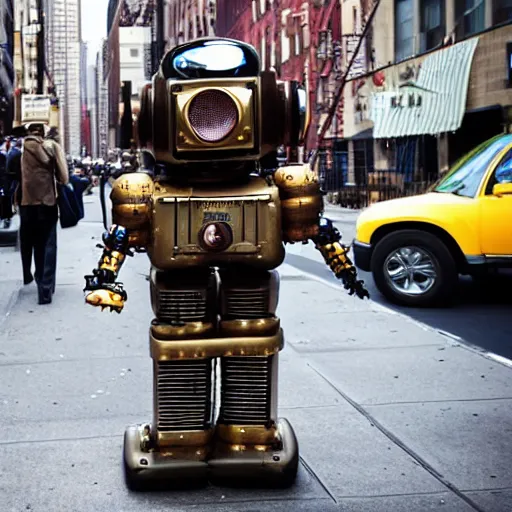 Prompt: a steampunk robot walking up a street in New York city.