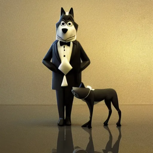 Image similar to a wolf as a gentleman wearing tuxedo on the pixar biome, smooth render, wet reflections, studio lighting, cinematic perspective, full hd