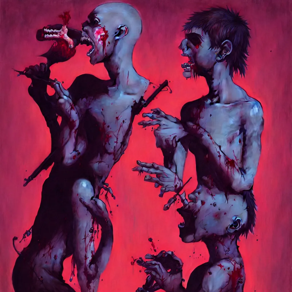 Image similar to weird and disturbing portrait of punk singer singing and puking blood, vivid colors, death, neon, art by ( ( ( kuvshinov ilya ) ) ) and wayne barlowe and francis bacon and artgerm and wlop and william - adolphe bouguereau