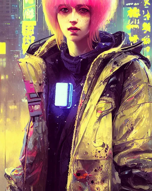 Prompt: detailed portrait of neon operator lady, short faded blonde hair, cyberpunk, reflective puffy coat, decorated with traditional japanese by ismail inceoglu dragan bibin hans thoma greg rutkowski alexandros pyromallis nekro rene margitte, illustrated, perfect face, fine details, realistic shading, fine - face, beautiful face, sweaty,