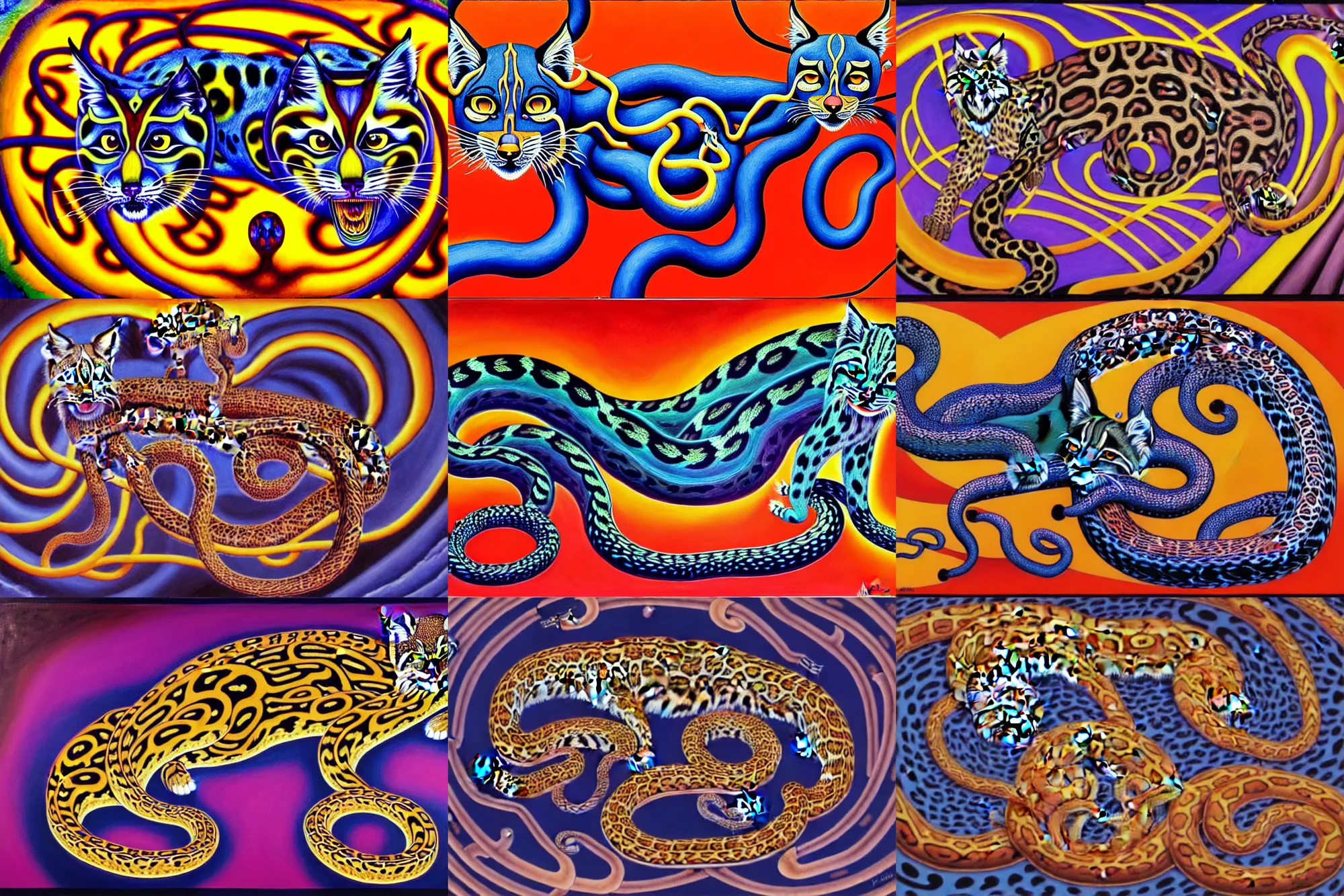 Prompt: a detailed painting of a magick polecat occult effigy beautiful lynx that is a crescent shaped leopard atomic latent snakes in between autobiological cybernetic ferret resurgence of snake phonkadelic inspirations in the style of escher, alex grey, kubrick inspired by realism, symbolism, magical realism and dark fantasy, clear, crisp,