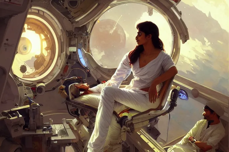 Image similar to Sensual good looking pale young Indian doctors wearing jeans in a space station above Earth performing surgery, portrait, elegant, intricate, digital painting, artstation, concept art, smooth, sharp focus, illustration, art by artgerm and greg rutkowski and alphonse mucha